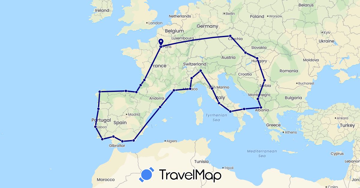 TravelMap itinerary: driving in Albania, Czech Republic, Spain, France, Hungary, Italy, Monaco, Montenegro, Portugal, Serbia, Slovakia (Europe)